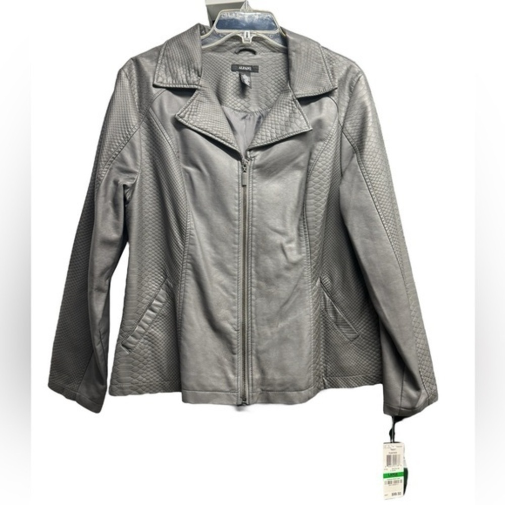 Women’s Faux Leather Alfani Bomber Jacket Zip Up Gray Snakeskin Large